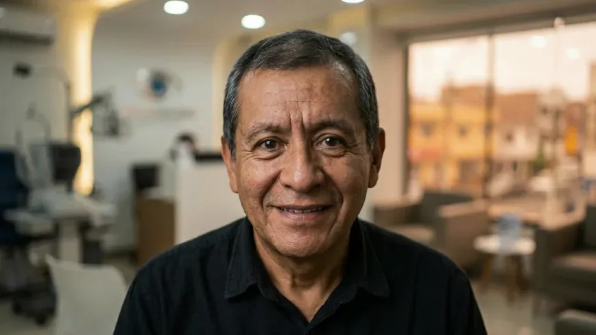 Adulto mayor con miopía magna en consulta oftalmológica en Lima