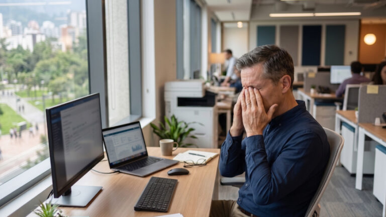Trabajador con problemas de salud visual en el trabajo frente a pantallas de computadora
