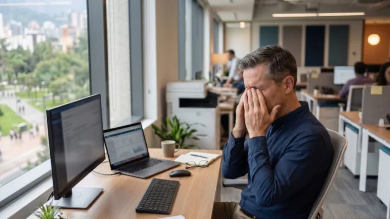 Trabajador con problemas de salud visual en el trabajo frente a pantallas de computadora