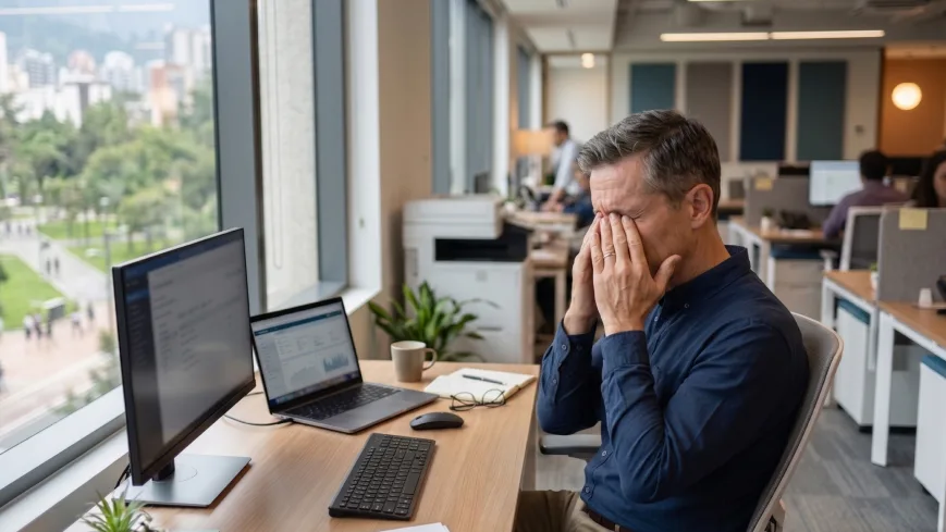 Trabajador con problemas de salud visual en el trabajo frente a pantallas de computadora