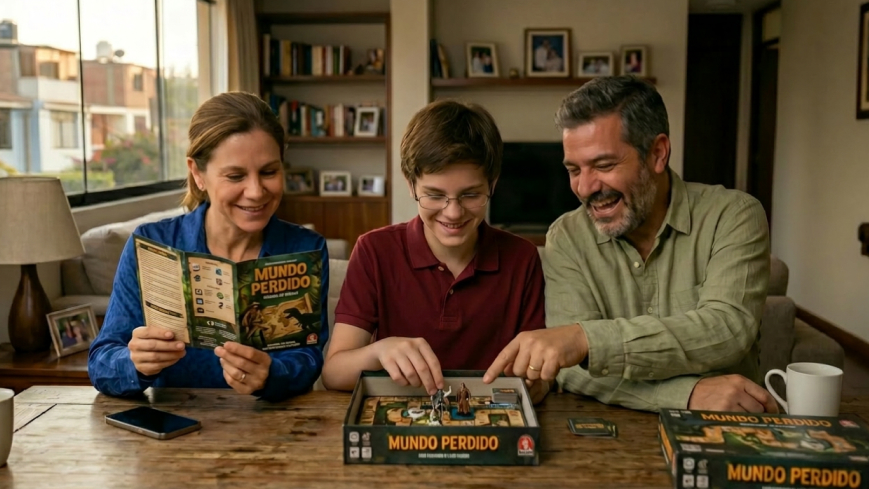 Familia disfrutando un juego de mesa con visión corregida tras tratamiento de hipermetropía y presbicia