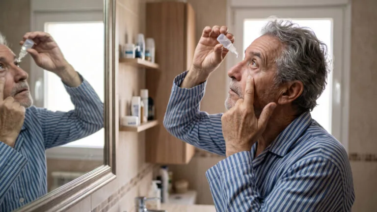 Persona aplicandose gotas en el ojo para controlar el glaucoma
