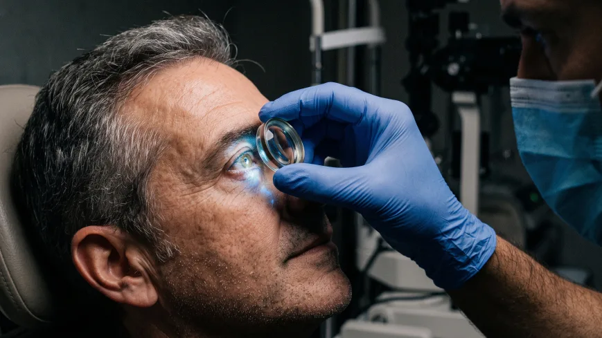 Oftalmólogo realizando una gonioscopia con lente especial para evaluar el ángulo de drenaje del ojo