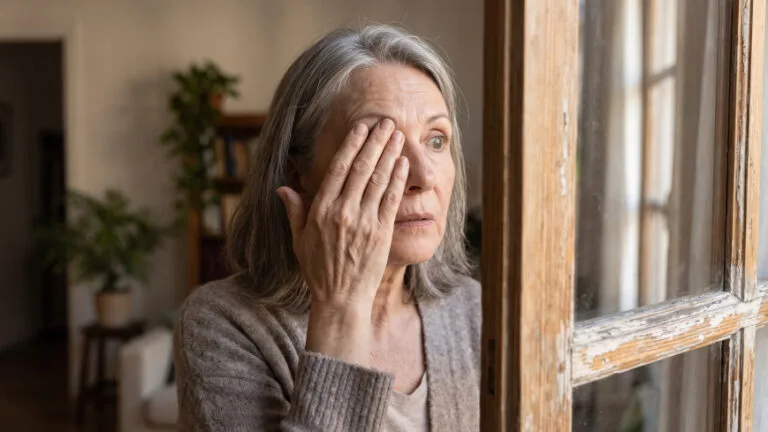 Mujer adulta mayor mirando el marco de una ventana con un solo ojo, con gesto de duda, como si viera las líneas onduladas