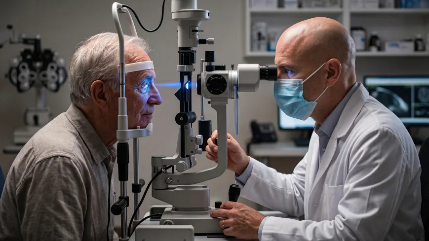 Primer plano de un ojo adulto con una lesión rosada en forma de triángulo en el lado nasal de la parte blanca del ojo