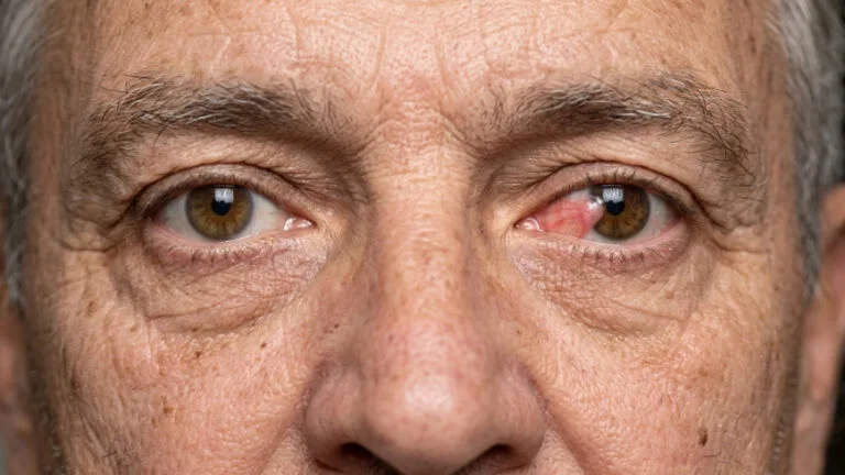 Primer plano de un ojo adulto con una lesión rosada en forma de triángulo en el lado nasal de la parte blanca del ojo