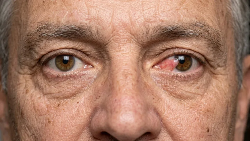Primer plano de un ojo adulto con una lesión rosada en forma de triángulo en el lado nasal de la parte blanca del ojo