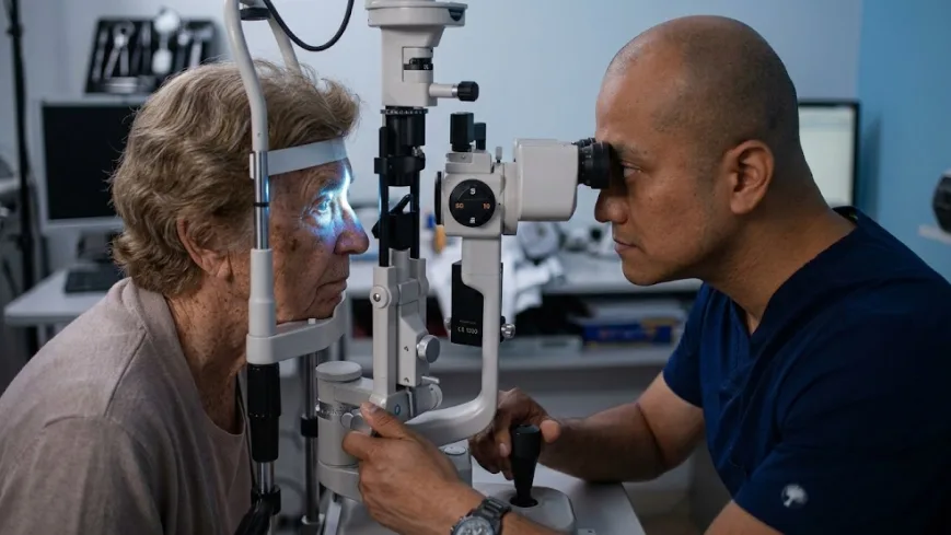 Examen con lámpara de hendidura a un paciente adulto mayor; el oftalmólogo observa la cápsula posterior detrás del lente intraocular
