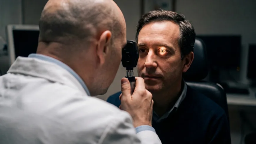 Oftalmólogo evaluando la retina de un paciente para identificar la causa de la ceguera nocturna