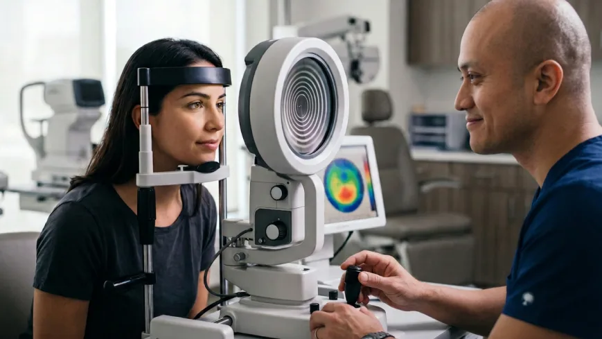 Paciente durante un examen de topografía corneal previo a una cirugía LASIK, junto a un oftalmólogo