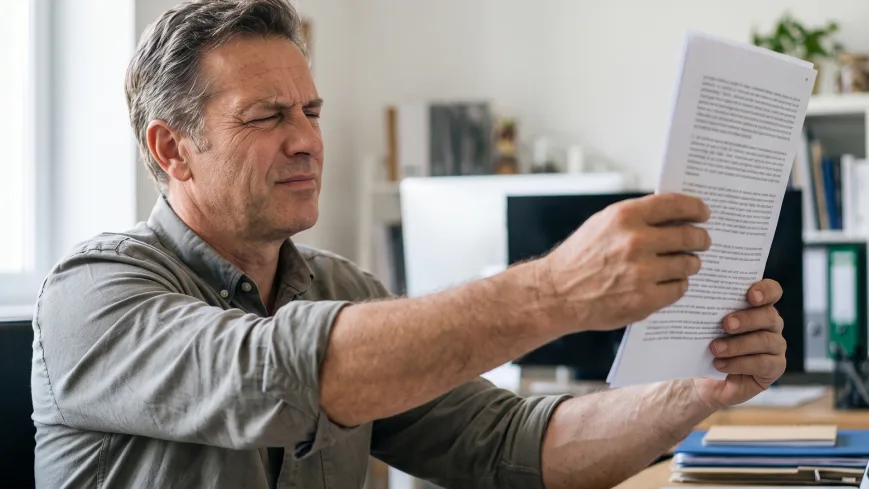 Adulto leyendo con dificultad un documento, alejándolo de los ojos, en un ambiente de oficina