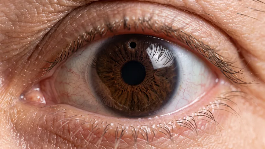 Primer plano de un ojo con una pequeña abertura en el iris realizada mediante iridotomía con láser.