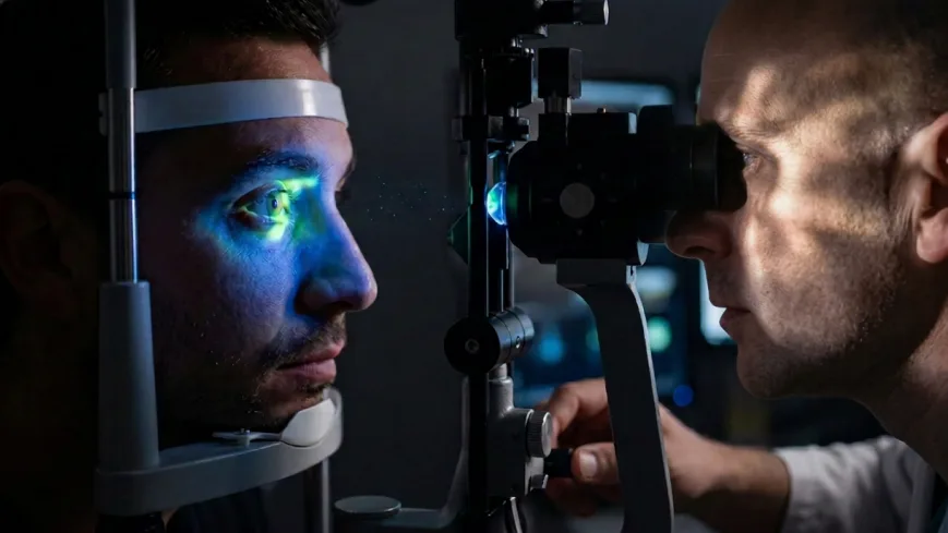 Examen de córnea con lámpara de hendidura y tinción con fluoresceína en paciente con queratitis