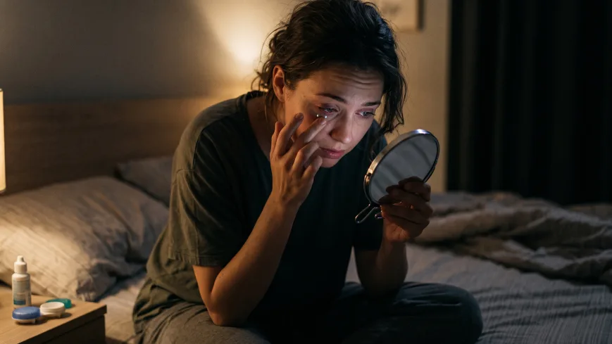 Mujer retirándose un lente de contacto de noche con molestia y enrojecimiento en el ojo