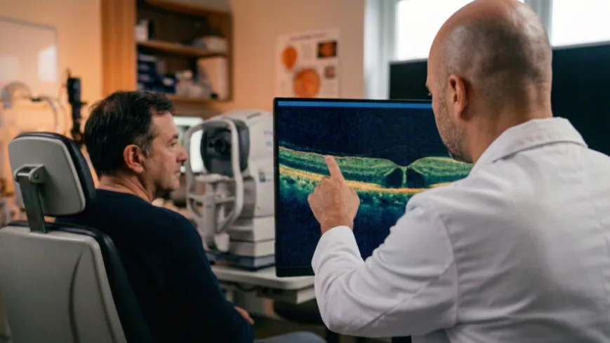 Pantalla de un equipo de tomografía de coherencia óptica mostrando el corte de una retina en capas de colores