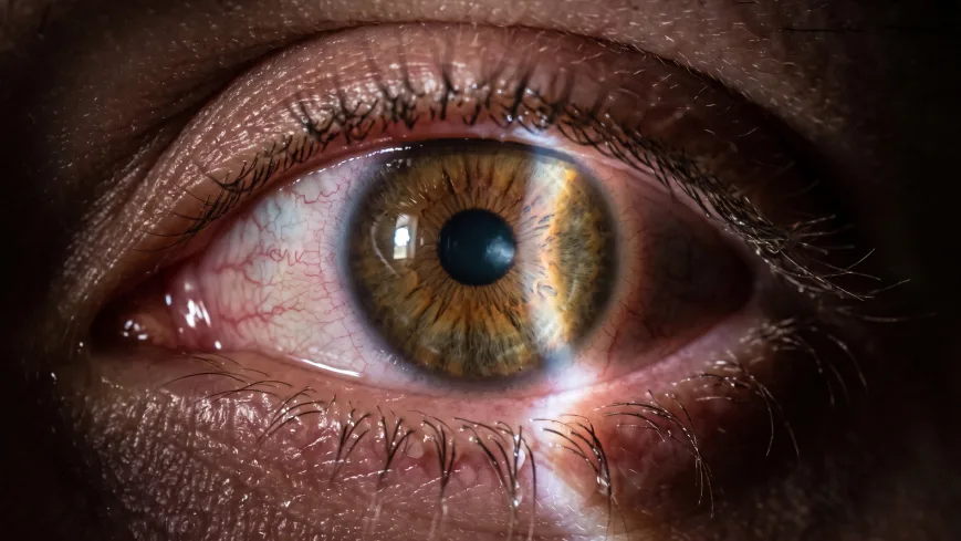 Ojo con enrojecimiento marcado, signo de alarma asociado a una úlcera en el ojo